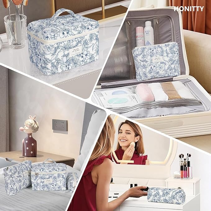 Quilted Makeup Bag Set 3 Pcs Cotton Cute Makeup Bags For Women Large Aesthetic Floral Cosmetic Bag Coquette Flower Makeup Pouch
