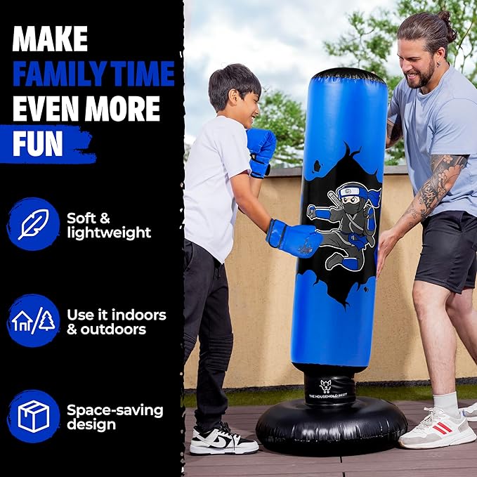 THB Punching Bag for Kids - Inflatable Punching Bag Stand with Boxing Gloves for Kids Age 3-8, 63” Ninja Boxing Bag with Electric Air Pump to Practice Taekwondo, Karate, MMA, Bouncing Back Boxing Set