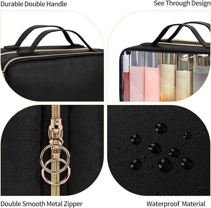 OCHEAL Travel Toiletry Bag, Double Layer Clear Makeup Bag Organizer Large Capacity Cosmetic Bag for Traveling Women Beauty Essentials, Multiple Compartments Makeup Case- Black