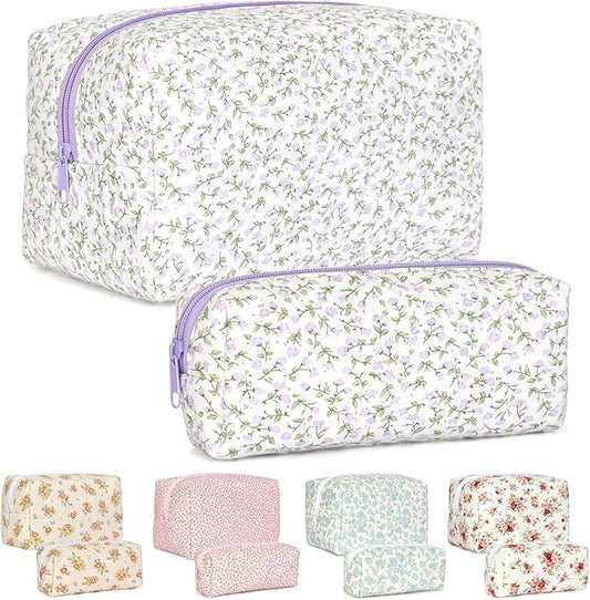 Quilted Makeup Bag Set,Large Floral Cosmetic Pouch For Women,Cute Cotton Brushes Storage Travel Toiletry Organizer Bags(Purple Floral)