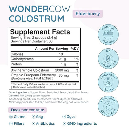 WONDERCOW Colostrum Supplement Powder for Gut Health, Immune Support, Muscle Recovery & Wellness | Natural IgG Pure Whole Bovine Colostrum Superfood, Elderberry, 60 Servings