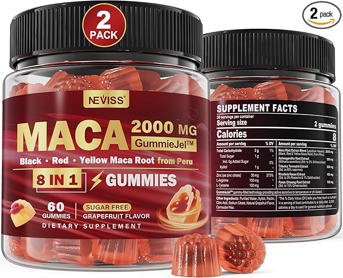 2 Pack Sugar Free Maca Root Gummies 2000mg with Ashwagandha, Tribulus Terrestris, Rhodiola, Panax Ginseng, L Arginine & L Tyrosine - Organic Black Red Yellow Maca Root for Women Men Energy Support