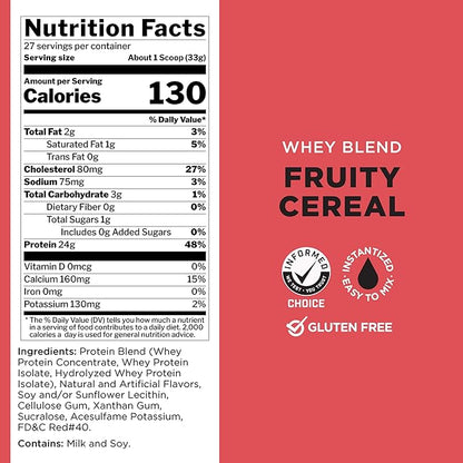 Rule One Proteins, R1 Whey Blend- Fruity Cereal, 24g Fast-Acting Whey Protein Concentrates, Isolates, and Hydrolysates Per Serving, with Naturally Occurring EAAs and BCAAs, 5lbs