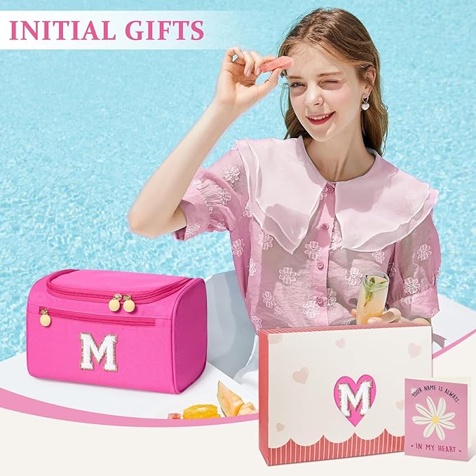 COSHAYSOO Hanging Toiletry Skin Care Bag Travel Size Spa Sleepover Party Supplies Gifts for Teen Girls Cheerleader Cheer Dance Recital Summer Camp Weekend Overnight Essentials Pink Initial Letter M