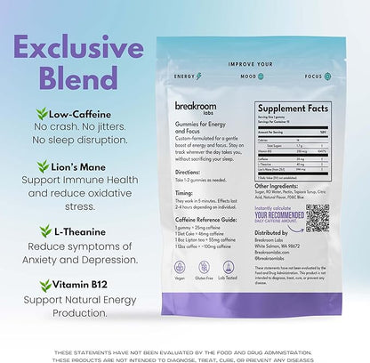 Low-Caffeine Gummies for Energy and Focus w/Vitamin B12, Lion's Mane, L-Theanine - Low Sugar, No Carbs, Gluten Free, Vegan, Nootropic Energy Chew - Blue Raspberry Flavor, 15 Servings