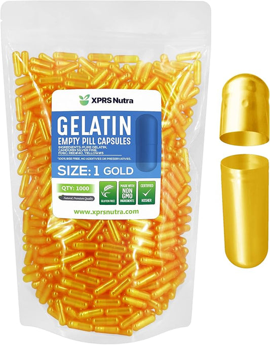 XPRS Nutra Size 1 Empty Capsules - 1000 Count Empty Gelatin Capsules - Empty Pill Capsules - DIY Capsule Filling - Pure Bovine Pill Capsules Empty Gel Caps (Gold)