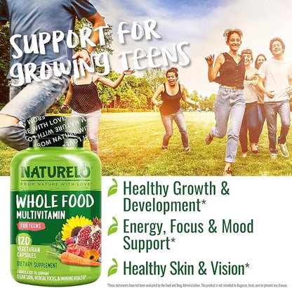 NATURELO Whole Food Multivitamin for Teens - with Vitamins & Minerals for Teenage Boys & Girls - Supplement for Active Kids - Non-GMO - Vegan & Vegetarian - 120 Capsules