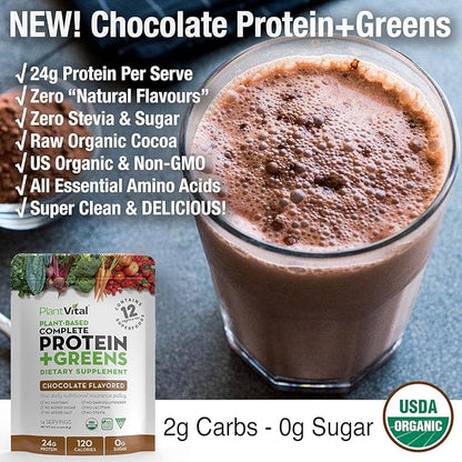 PlantVital Vegan Protein Powder Plant Based, Organic Protein Powder Chocolate, 24g/0g sugar, 12 Superfoods, Veggies, Probiotics, Raw Cocoa, Kale, Beets, Spirulina, Pea, Gluten-Free, Keto-Friendly,16oz