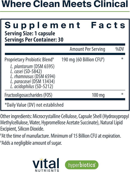 Hyperbiotics Vital Nutrients Prebiotic + Probiotic 60 Billion CFU (Prev. Pre+Pro 60B) | High-Potency Immune & Upper Respiratory Probiotic | Reduce Gas & Bloating | Shelf-Stable | Vegan | 30 Capsules