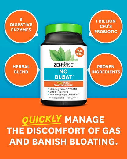 Zenwise Health NO Bloat Probiotics for Women and Men Digestive Health with Ginger, Dandelion, and Lactase, Digestive Enzymes for Gas and Bloating Relief - Vegan Water Retention Pills - 100 CT