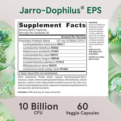 Jarrow Formulas Jarro-Dophilus EPS Probiotics 10 Billion CFU, Dietary Supplement for Intestinal Tract Support, Gut Health Supplements for Women and Men, 60 Veggie Capsules, 30 Day Supply (Pack of 12)