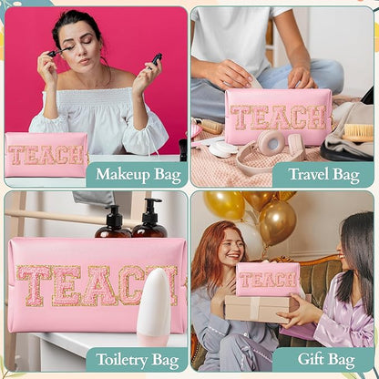 CY2SIDE TEACH Letter Makeup Bag - Pink TEACH Chenille Letter Patch Cosmetic Bag Pink PU Leather Patch Travel Pouch Waterproof Portable Zipper Travel Organizer for Teacher Appreciation Gifts Xams Gift