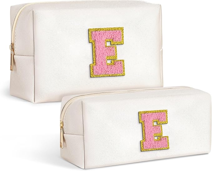 TOPEAST Monogrammed Gifts for Women, Personalized Initial Cosmetic Bag With Zipper, 2 PCS Makeup Pouch Makeup Organizer Bag PU Leather Waterproof Preppy Makeup Bag For Women, White E
