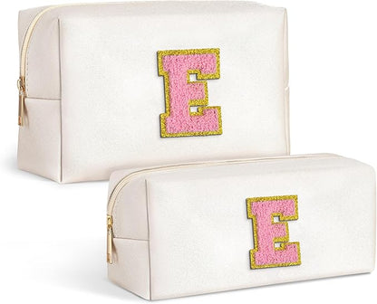 TOPEAST Monogrammed Gifts for Women, Personalized Initial Cosmetic Bag With Zipper, 2 PCS Makeup Pouch Makeup Organizer Bag PU Leather Waterproof Preppy Makeup Bag For Women, White E