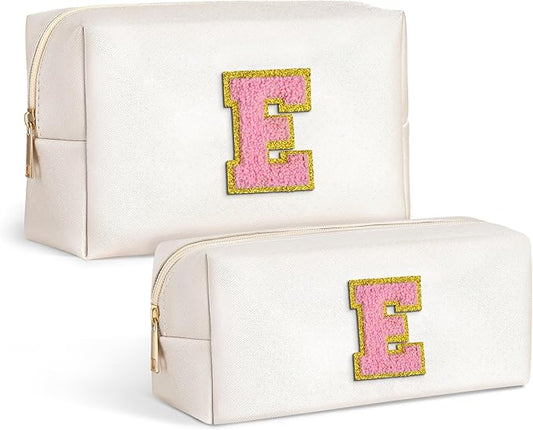 TOPEAST Monogrammed Gifts for Women, Personalized Initial Cosmetic Bag With Zipper, 2 PCS Makeup Pouch Makeup Organizer Bag PU Leather Waterproof Preppy Makeup Bag For Women, White E