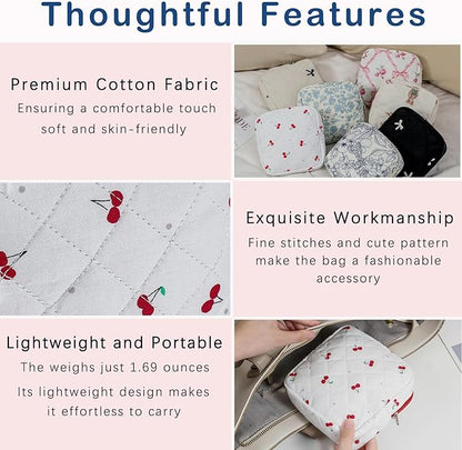 Small Quilted Cotton Makeup Bag for Purse, Cosmetic Bag with Compartments, Cotton Aesthetic Makeup Bag, Travel Toiletry Pouch, Key Pocket Lipstick Bag Card Holder Data Cable Organizer（07Cherry）