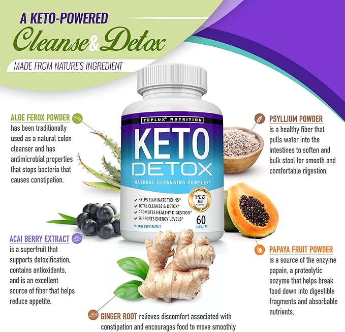 Toplux Keto Detox Pills Advanced Cleansing Extract – 1532 Mg Natural Acai Colon Cleanser Formula, Flush Toxins & Excess Waste, for Men Women, 60 Capsules, Supplement