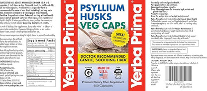 Yerba Prima Psyllium Husks Veg Caps, 400 Capsules (625mg) (Pack of 2) - Vegan, Non-GMO, Gluten Free, Colon Cleanser, Daily Fiber Supplement for Gut Health & Regularity