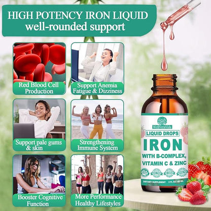 [𝟐 𝐏𝐚𝐜𝐤]Iron supplement for Women, Men & Kids, Liquid High Potency Iron w. Vitamin C, B12, B-Complex, Blood Builder Iron Supplements for Anemia, Fatigue, Red Blood Cell Support, Vegan, Gentle