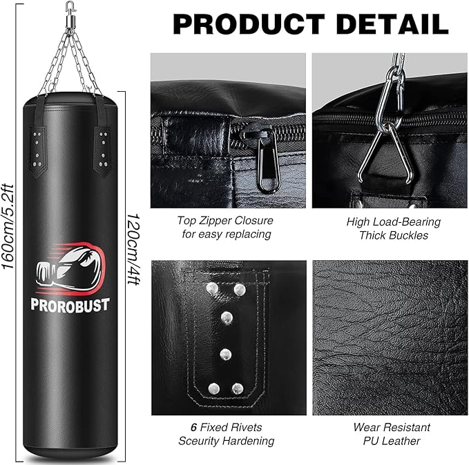 Prorobust Punching Bag for Adults, 4ft PU Heavy Boxing Bag Set with 12OZ Gloves for MMA Kickboxing Boxing Karate Home Gym Training (Unfilled)