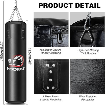 Prorobust Punching Bag for Adults, 4ft PU Heavy Boxing Bag Set with 12OZ Gloves for MMA Kickboxing Boxing Karate Home Gym Training (Unfilled)