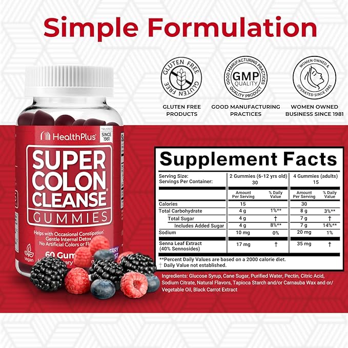Health Plus Super Colon Cleanse Gummies, Natural Senna Leaf Extract, Gentle, Overnight Relief from Occasional Constipation, Dietary Supplement, Mixed Berry Flavor, 60 Count