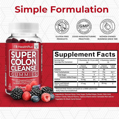 Health Plus Super Colon Cleanse Gummies, Natural Senna Leaf Extract, Gentle, Overnight Relief from Occasional Constipation, Dietary Supplement, Mixed Berry Flavor, 60 Count