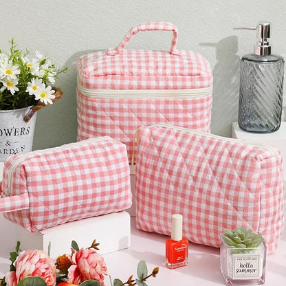 Paterr 3 Pieces Cotton Quilted Makeup Bag Set Coquette Cosmetic Bag Aesthetic Travel Toiletry pouch Cute Pouch Kawaii Aesthetic for Women(Pink,Pink Plaid)