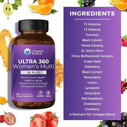 Vitamin World Ultra 360 Multivitamin for Women 50 Plus, Women's 50+ Multivitamin with Minerals & Herbs for Menopause Support, Supplement with Vitamin B, D, E & Zinc for Healthy Aging, 90 Caplets