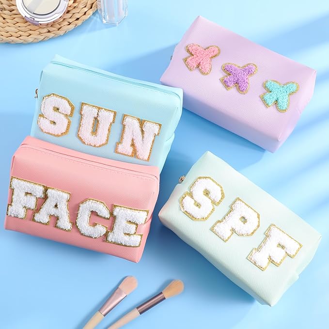Sanwuta 4 Pcs Hair Face Skin Travel Bag Set Preppy Makeup Pouch PU Leather Skincare Bag Waterproof Cosmetic Organizer Birthday Christmas Gifts(Pink, Mint Green, Blue, Purple,Fresh Style)