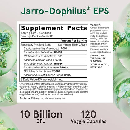 Jarrow Formulas Jarro-Dophilus EPS Probiotics 10 Billion CFU for Intestinal Tract Support, Probiotic Supplement for Gut Health for Women and Men, 120 Veggie Capsules, up to a 60 Day Supply