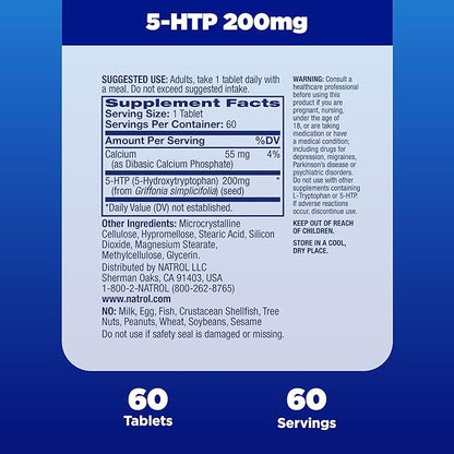Natrol 5-HTP 200mg, Dietary Supplement Helps Support a Balanced Mood, 60 Time Release Tablets, 60 Day Supply
