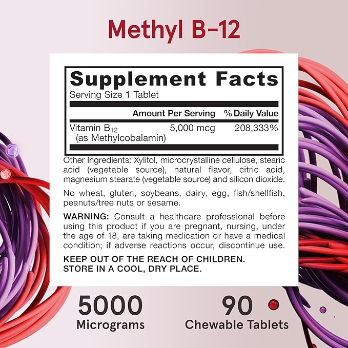 Jarrow Formulas Maximum Strength Methyl B-12 5000 mcg - Dietary Supplement - 90 Cherry Flavored Chewable Tablets - Bioactive Vitamin B-12 - Supports Cellular Energy Production, Sleep & Brain Health