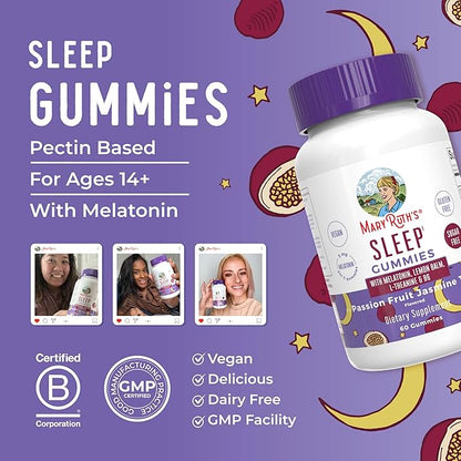MaryRuth Organics Melatonin 5mg Sleep Gummy with L-Theanine | Lemon Balm | Vitamin B6 | Sugar-Free | Relaxation | Vegan | Non-GMO | Gluten Free | 60 Count