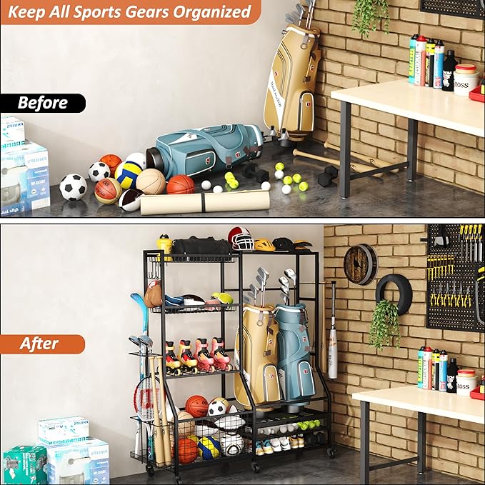 Gadroad Sports Equipment Organizer, Ball Rack, Gear & Ball Storage - Garage Organizer with Baskets, Hooks & Rolling Cart - Black
