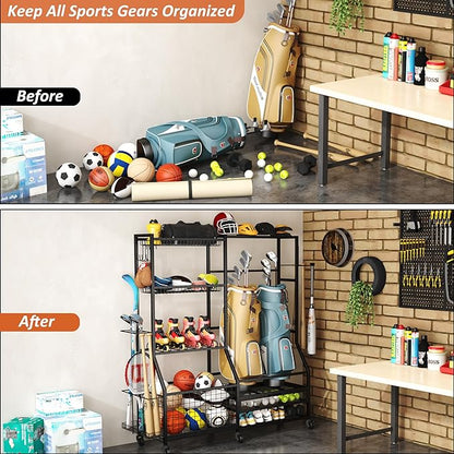 Gadroad Sports Equipment Organizer, Ball Rack, Gear & Ball Storage - Garage Organizer with Baskets, Hooks & Rolling Cart - Black