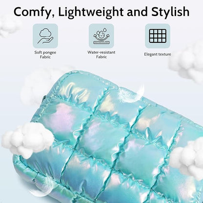 Quilted Cosmetic Bag, Puffer Makeup Bags, Crossbody Purses for women,Cute Travel Toiletry Bag for Women (Dazzling Ice Blue)