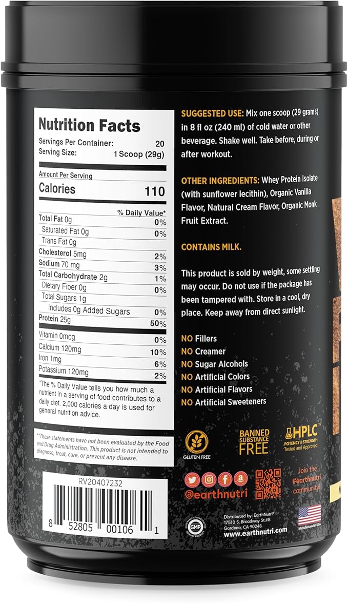 EarthNutri - Whey Isolate Protein Powder for Workout and Muscle Growth Support, 25g of Protein, Non-GMO and Organic Vanilla Flavor Whey Protein Isolate, Vanilla Flavor, 20 Servings