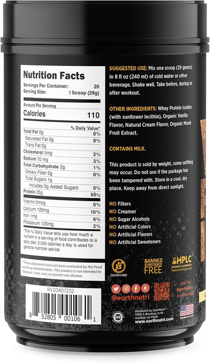 EarthNutri - Whey Isolate Protein Powder for Workout and Muscle Growth Support, 25g of Protein, Non-GMO and Organic Vanilla Flavor Whey Protein Isolate, Vanilla Flavor, 20 Servings