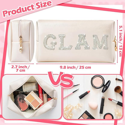 CY2SIDE Glam Letter Makeup Bag - White GLAM Pearl Rhinestone Letter Patch Cosmetic Pouch Shell Gold PU Leather Patch Big Bag Waterproof Portable Zipper Travel Organizer for Wedding Bride Birthday Gift