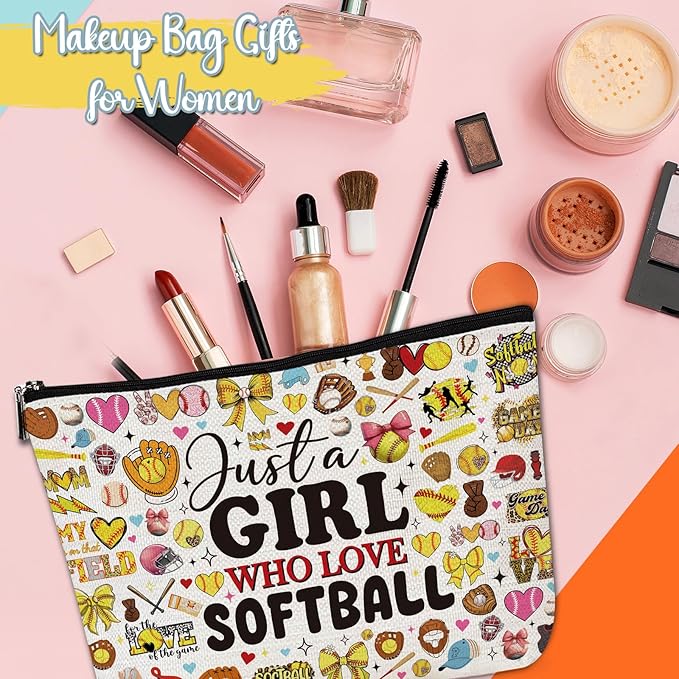 Softball Makeup Bag Gifts - Softball Accessories Cosmetic Bag with Zipper, Birthday Christmas Mother's Day Gifts for Women Coach Player Mom Sister Niece Aunts Besties BFF Friends Coworkers