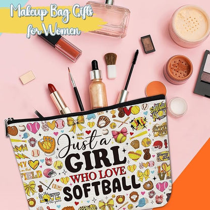 Softball Makeup Bag Gifts - Softball Accessories Cosmetic Bag with Zipper, Birthday Christmas Mother's Day Gifts for Women Coach Player Mom Sister Niece Aunts Besties BFF Friends Coworkers