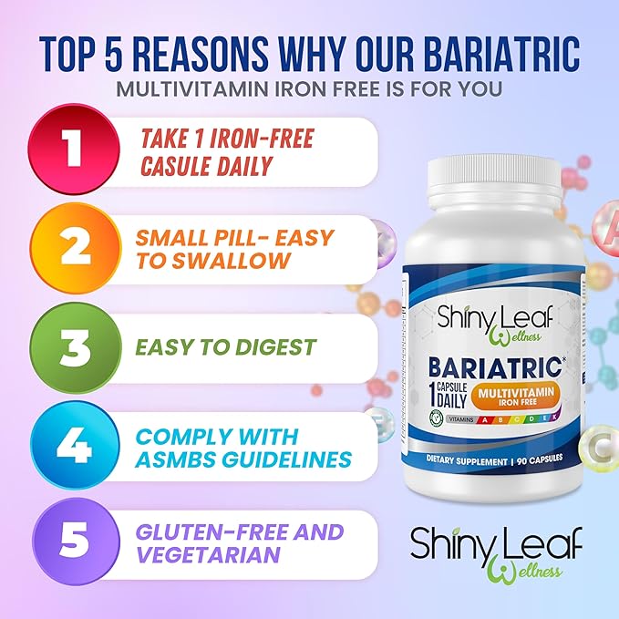 Shiny Leaf Bariatric Multivitamin Iron-Free Capsules for Post Bariatric Surgery Patients, Once Daily Bariatric Vitamins Without Iron for WLS, Sleeve, Gastric Bypass Surgery (3 Months / 90 Caps)