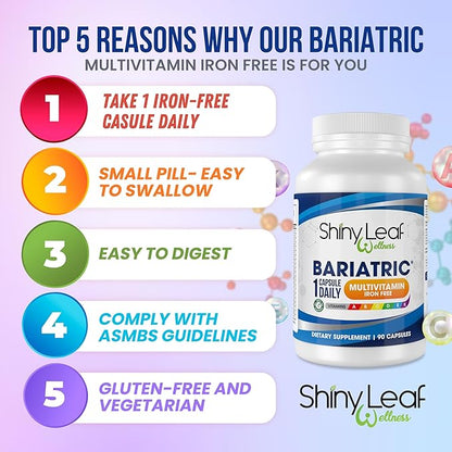 Shiny Leaf Bariatric Multivitamin Iron-Free Capsules for Post Bariatric Surgery Patients, Once Daily Bariatric Vitamins Without Iron for WLS, Sleeve, Gastric Bypass Surgery (3 Months / 90 Caps)