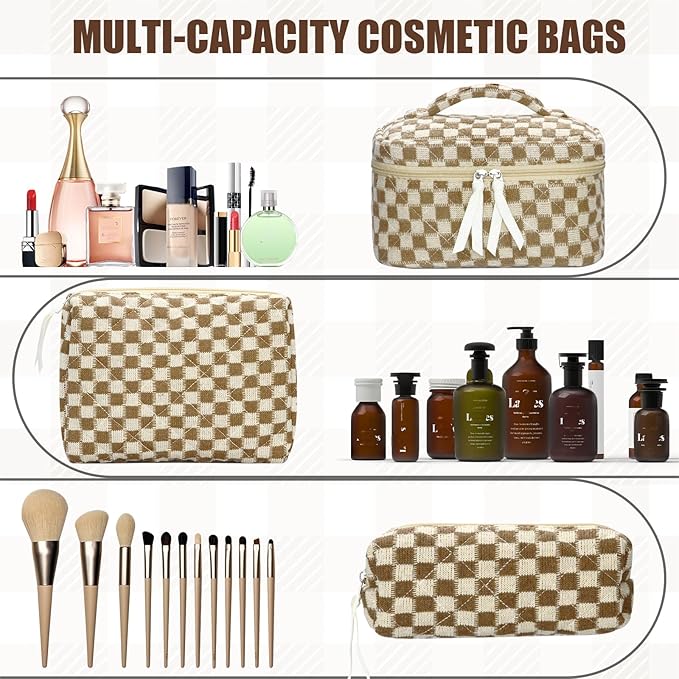 Quilted Makeup Bag Set, 3Pcs Large Checkered Corduroy Cosmetic Bags, Cute Coquette Makeup Bag Toiletry Zipper Pouch Bag for Women and Girls Checkered