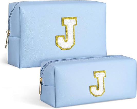 TOPEAST Preppy Stuff Tween Girls Gifts, 2 PCS Monogram Cute Cosmetic Makeup Bag Pouch Case Travel Toiletry Make Up Bag For Women Her Mom Best Friend Sister Teacher Bridesmaid, Blue J