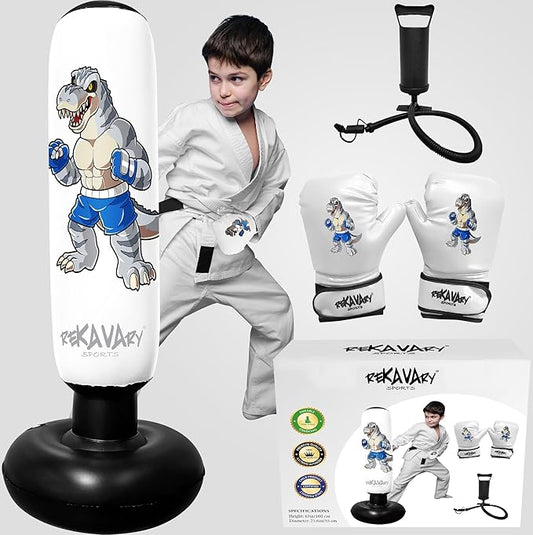 Punching Bag for Kids - 5' 3" Tall and Stable - Ninja Kids Inflatable Punching Bag Combo Kit with Kids Boxing Gloves, a Pump and Repair Kit. Boxing Bag for Immediate Bounce Back