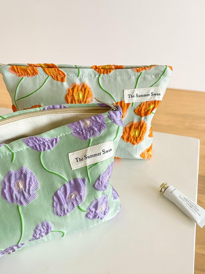 The Summer Swan | Large Aesthetic Makeup Bag | Floral Makeup Bag | Mid-day Clutch | Period Kit Bag | Hygiene Bag | Skincare Bag | Cute Makeup Bag (Color Block Floral Purple), CosmeticBag10575