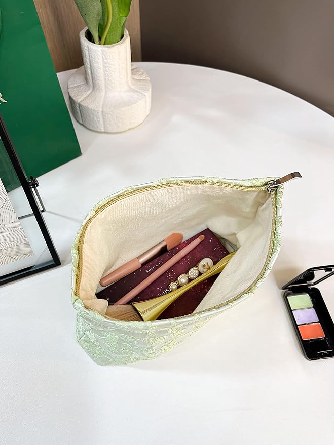 The Summer Swan | Floral Cosmetic Bag｜Large Aesthetic Travel Makeup Bag | Personal Item Bag | Preppy Makeup Pouch | Skincare Bag (Embroidery Green)