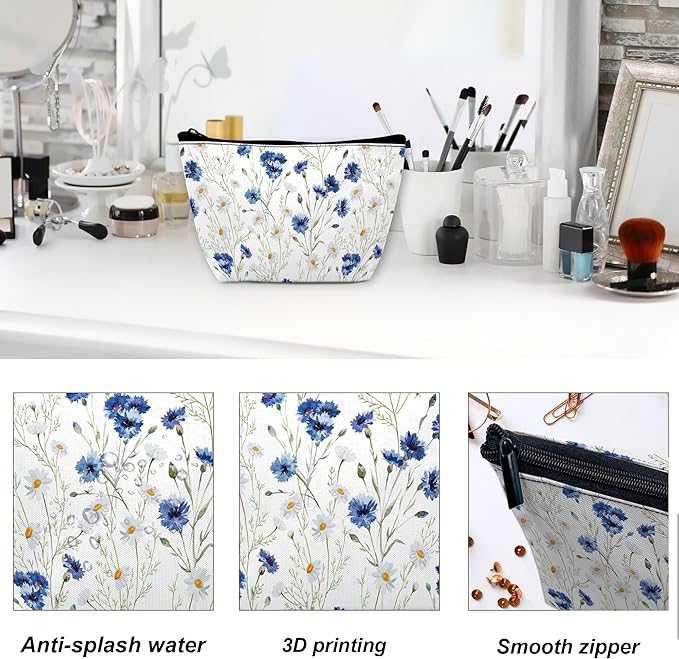 Daisy Makeup Bag Blue Cornflower Cosmetic Bag for Women, Travel Small Pouch for Toiletries, Water Resistant Gift 9.5×5.9 Inch